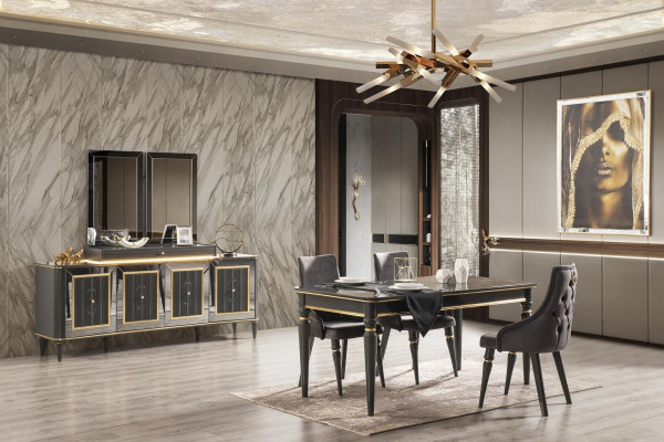 Luxe eetkamerset tafel met 4 stoelen dressoir wandmeubel 6-delig