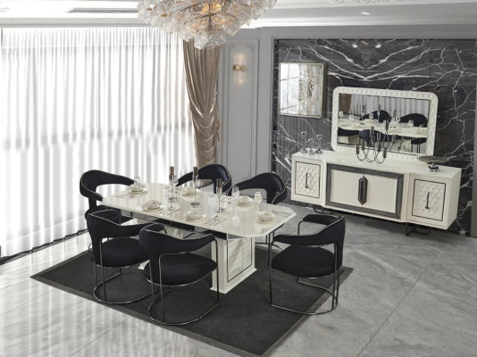 Eetkamer set Eettafel 4x stoelen Tafel Armstoel Dressoir Spiegel 7-delig