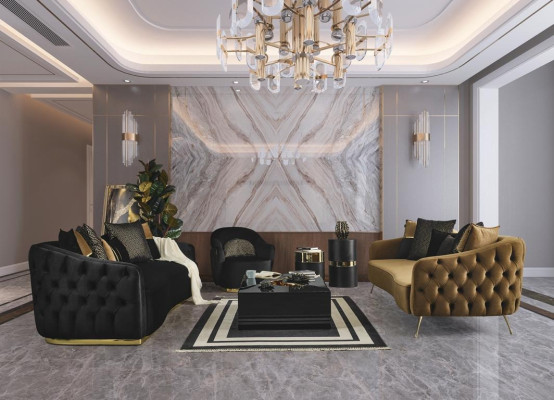 Chesterfield Set Bank Woonkamer Meubels Salontafel 4-delig Set Velours Stof