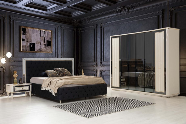 Chesterfield bed 2x nachtkastje commode spiegel kruk slaapkamer set 6-delig