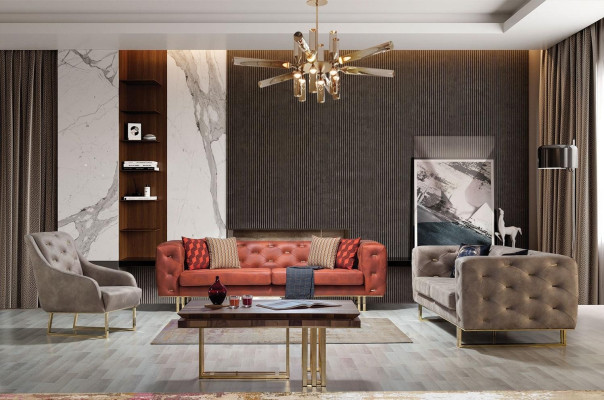 Chesterfield Textiel Stof Bankstel Elegant Ontwerp Klassiek Meubilair Bruin 3-Zits