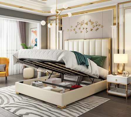 Klassieke slaapkamerbed Wit Textiel Bedden Lederen bekleding Tweepersoons