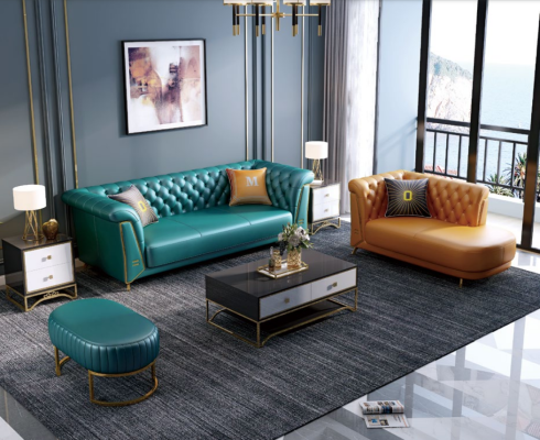 Moderne kleurrijke set bankstel leren bank 4-zits chaise longue ligstoel