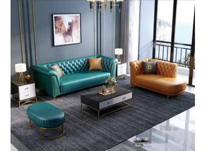 Moderne kleurrijke set bankstel leren bank 4-zits chaise longue ligstoel