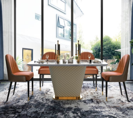 Luxe eettafel leer + roestvrij staal marmer imitatie steen tafel eetkamer