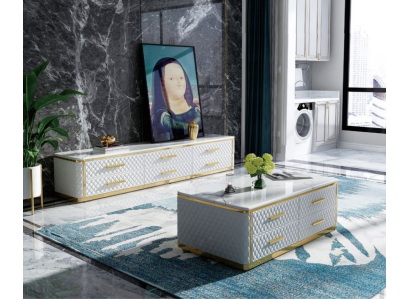 Roestvrijstalen dressoir met leren marmeren imitatiestenen salontafels 200x40cm.