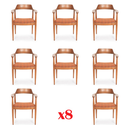Stel van 8 stoelen stoel ontwerp hout stof bekleding stoelen eetkamer textiel.