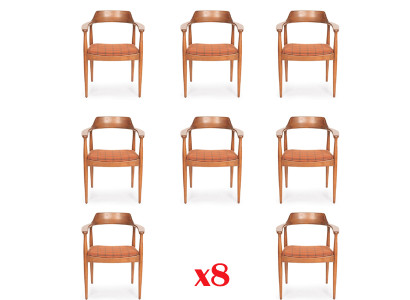Stel van 8 stoelen stoel ontwerp hout stof bekleding stoelen eetkamer textiel.