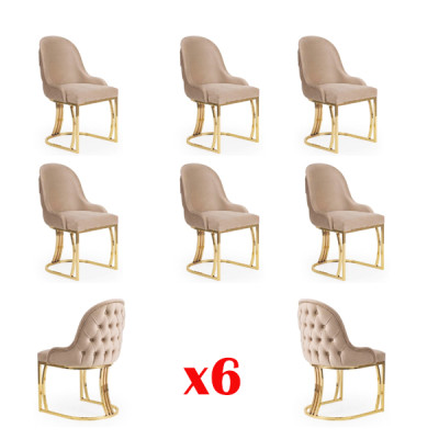 Stel van 6 stoelen, stoelontwerp, metaal, stof, gestoffeerde stoelen, eetkamer, textiel.