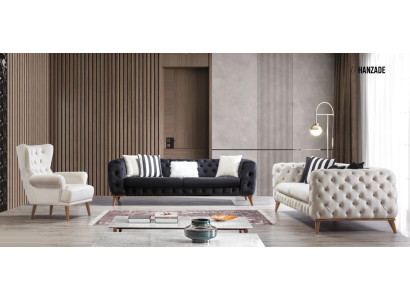 Bankstel Bank 3+3+1 Zitter Zwart Chesterfield Fauteuil Meubels
