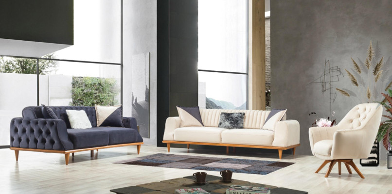 Bankstel 3-zits Blauw Woonkamer Klassieke Chesterfield Elegante Stijl.