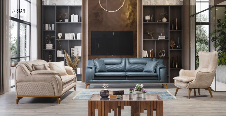 Bank Blau 3-zits woonkamer bankstel design Chesterfield Italiaanse stijl meubels