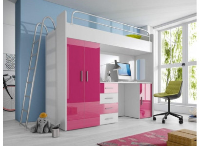 Rosa stapelbed van hout voor meisjes met hoogglans, inclusief bureau en kast.