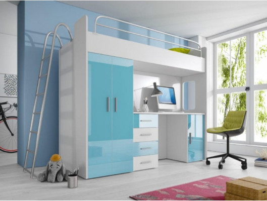 Blau stapelbed van hout tweepersoonsbed hoogglans met bureau kast