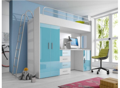 Blau stapelbed van hout tweepersoonsbed hoogglans met bureau kast