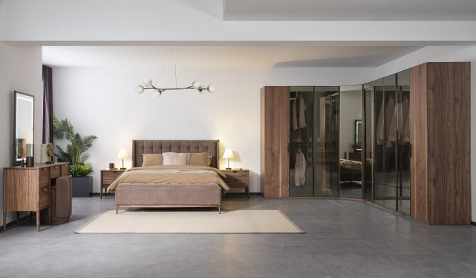 Slaapkamer glazen kast nachtkastje commode krukje Compleet set 6 dlg. Hout