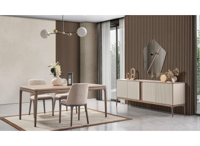 Eetkamerset Eettafel 4 stoelen Dressoir Spiegel Modern 7-delig Hout Beige