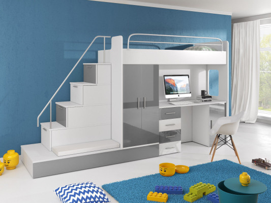 Stapelbed hoogslaper tienerkamer bed kledingkast kast bureau