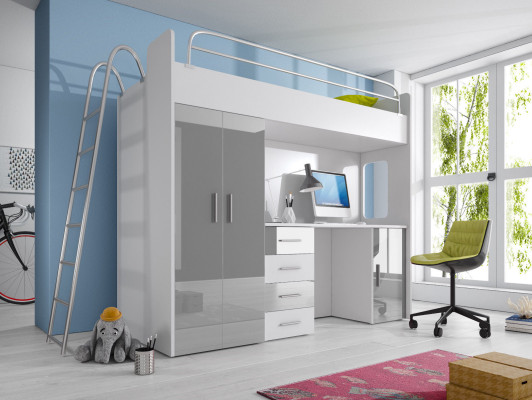 STAPELBED HOOGSLAPER STAPELBED MET BUREAU + KAST-RAJ 4D WIT