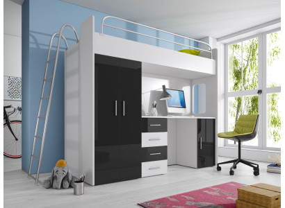 STAPELBED TWIJFELBED HOOGSLAPER BUREAU+KLEDINGKAST-RAJ 4D ZWART