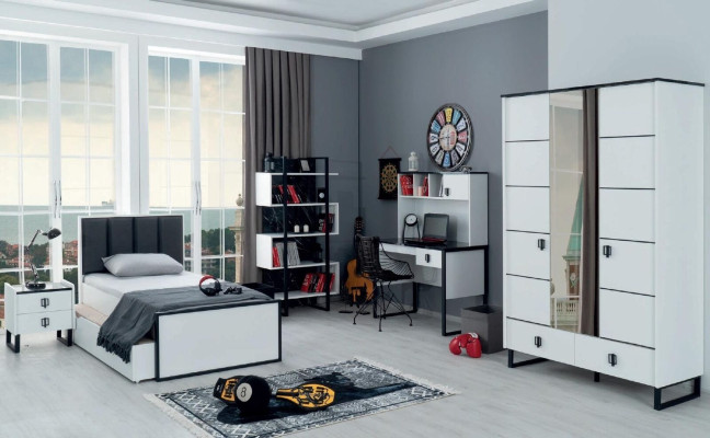 Jongerenkamer set Bed Nachtkastje Boekenplank Bureau Kast Design Modern