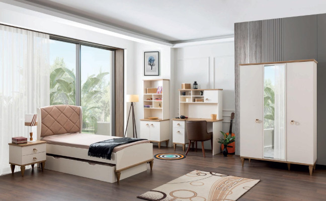 Kinderkamer set Beige Kinderbed Nachtkastje Jongenskamer Design Modern Nieuw 2-delig.