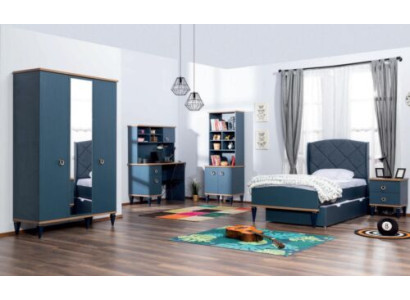 Blauwe kinderkamerset Bed Nachtkastje Kledingkast Plank Bureau Nieuw