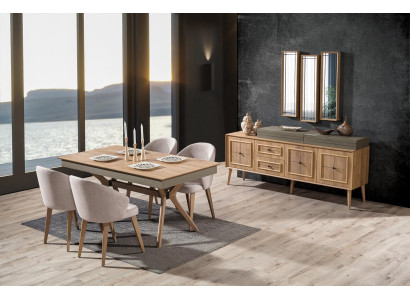 Ontwerp 9-delige eetkamerset Eettafel + 4x Stoelen + Dressoir + 3x Spiegels Modern