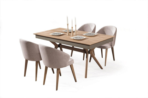Luxe eetkamerset eettafel 4x stoelen textiel eetgroep modern meubilair nieuw.