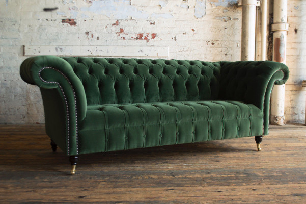 Klassiek Chesterfield Design Bankstel 3-zits Bank Bankstel Fluweel Leder groot groen nieuw