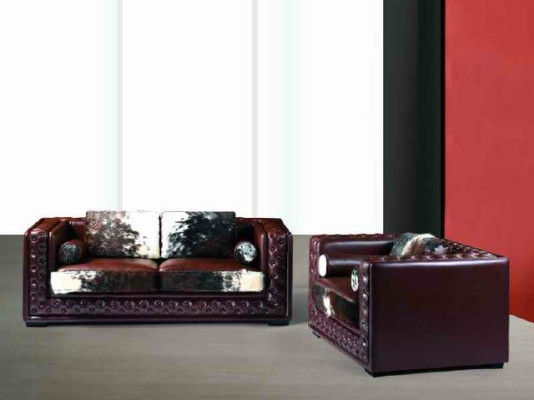 Donkerrode Chesterfield bankstel 3+2 zits 2-delige set van leer met ponyvacht