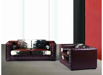 Donkerrode Chesterfield bankstel 3+2 zits 2-delige set van leer met ponyvacht