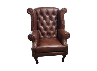 Chesterfield oorfauteuil van leer, éénzits fauteuil, bruin modern.