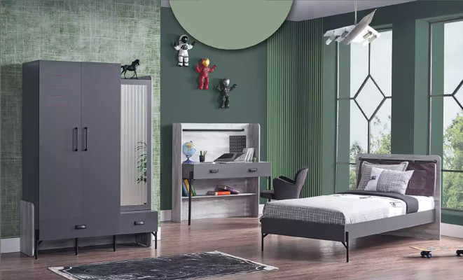 Grijze jeugdkamer set kinderkamer slaapkamer tafel kast bed 3-delig.