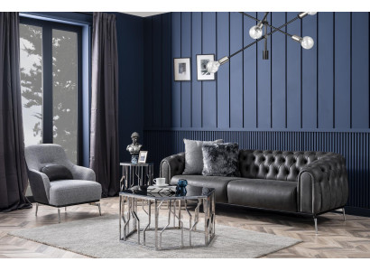 Chesterfield set bank 4 zits fauteuil viersitter kunstleer zwart