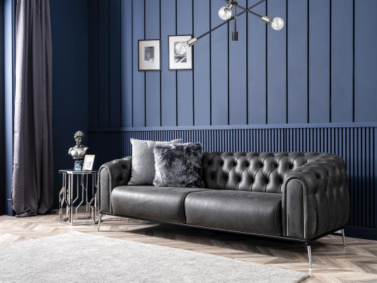 Chesterfield set bank 4 zits fauteuil viersitter kunstleer zwart
