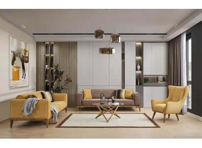 Sofaset Compleet Bankstel 4-zits Fauteuil Stof Geel Set 3-delig Nieuw