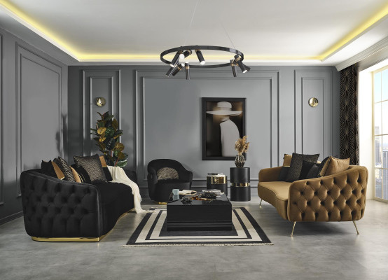 Chesterfield bankstel bank fauteuil blauw polyester luxe set 3-delig  Chesterfield bankstel bank fauteuil blauw polyester luxe set 3-delig