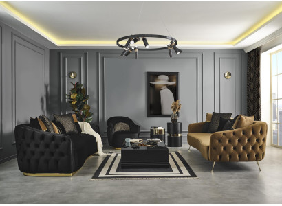 Chesterfield bankstel bank fauteuil blauw polyester luxe set 3-delig  Chesterfield bankstel bank fauteuil blauw polyester luxe set 3-delig