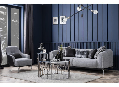Moderne set bankstel 3 zits fauteuil driepersoons stof grijs Modern polyester