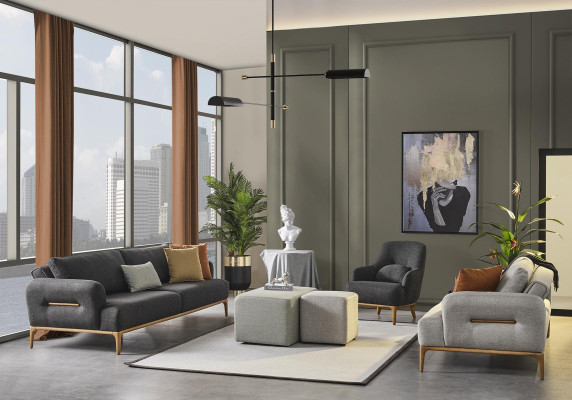 Zitbankstel Bank Fauteuil 431-Zits Stof Luxe Grijs Bankstellen Woonkamer