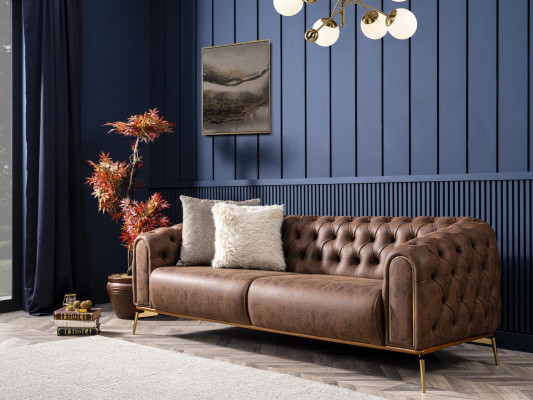 Chesterfield vierzitsbank 4-zitsbank polyester bruin kunstleer