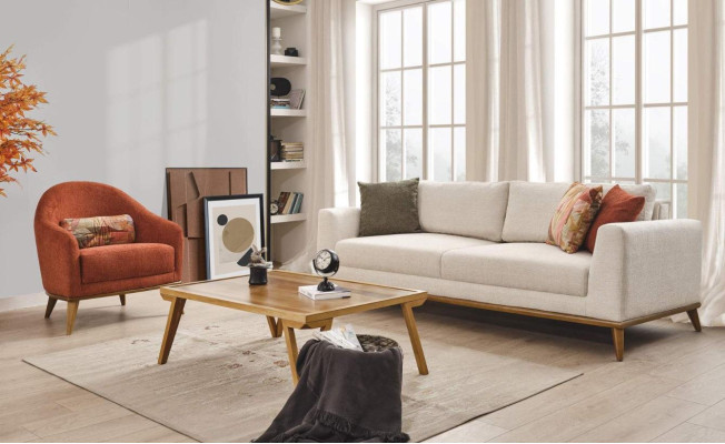 Sofa set 3 + 1 zits Design meubels 2 delen Beige banken Bank Stof