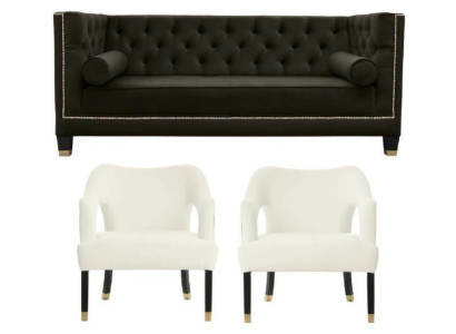 Chesterfield + 2 Stoelen Zwart Wit XXL Groot Textiel Stof Bank Creatief
