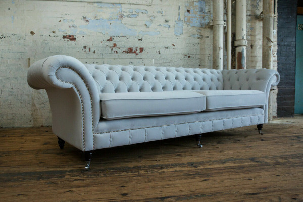 Grijze Chesterfield 4-zits gestoffeerde bank Moderne Stijl Fluweel Textiel Stof Bank