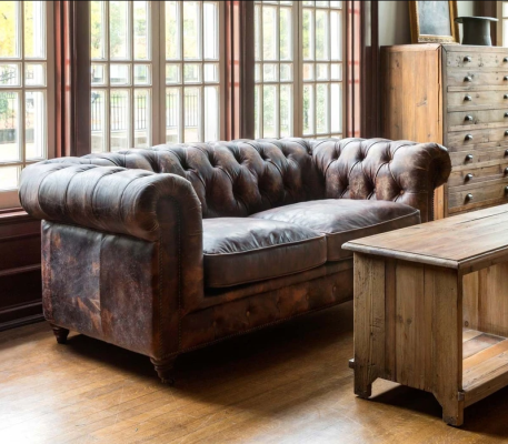 Bruine Chesterfield Herenclubbank Bank Lederen Bekleding Driepersoons