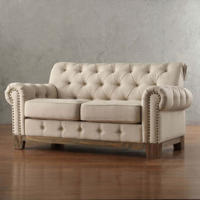 Chesterfield 2-zits klassieke luxueuze natuurlijk houten frame bankstel textiel lederen bank.