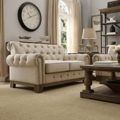 Chesterfield 2-zits klassieke luxueuze natuurlijk houten frame bankstel textiel lederen bank.