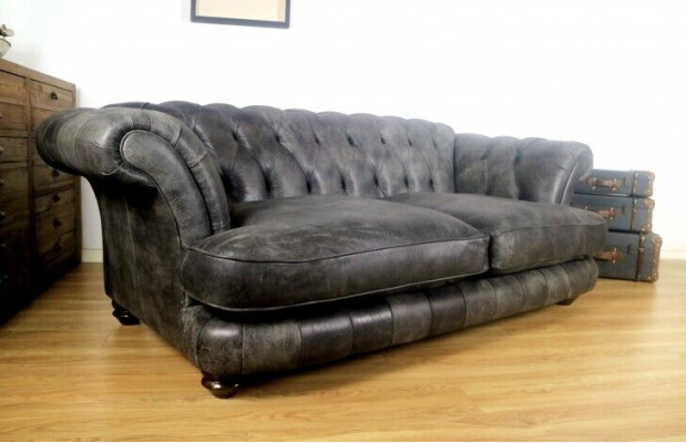 Chesterfield Big Xxl Bank % Leder Zwart 3-Zits Vintage Stijl