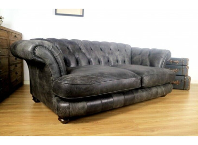 Chesterfield Big Xxl Bank % Leder Zwart 3-Zits Vintage Stijl